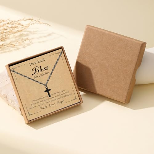 Small Cross Necklace for Boys Baptism Christmas Confirmation Valentines Easter Birthday Gifts to Teens Son Grandson Nephew - color: black, style: bless this boy