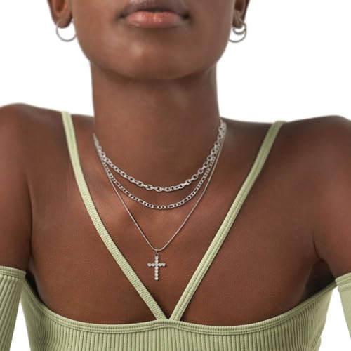 Sterling Silver Cross Necklace for Women Girls Dainty Gold Necklace Stack Non Tarnish Layered Necklaces CZ Cross Pendant Choker Figaro Box Chain Link Layering Stackable Necklaces Trendy Jewelry Gift - color: Sterling Silver