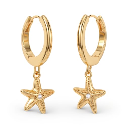 VACRONA Gold Heart Hoop Earrings Huggie Earrings for Women 14k Gold Plated Small Hoops Earrings - color: Sea-Star-Gold