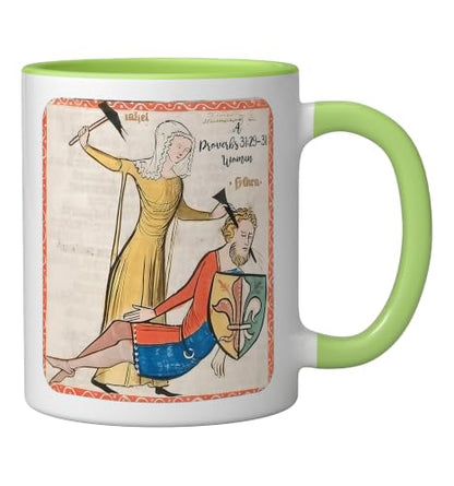 Proverbs 31 29 31 Woman Medieval Christian Art Design Ceramic Mug, Light Green/White, 11oz - color: Light Green/White, size: 11 Ounces