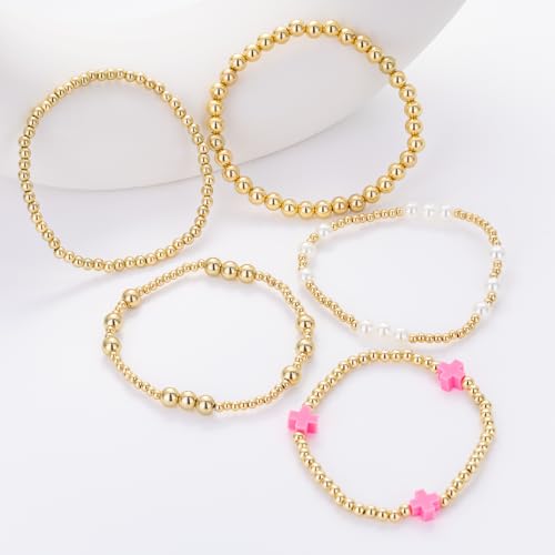Gold Beaded Pearl Cross Bracelets Stackable Christian Stretch Jewelry Set - color: Hot Pink