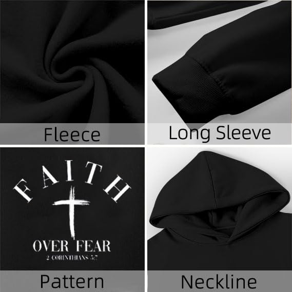 Men Faith Over Fear Christian Cross Graphic Pullover Hoodie - color: Black, size: Medium