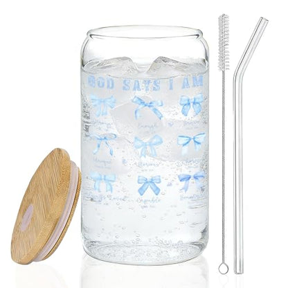 IWXYI Coquette Blue Bow Christian Glass Cup with Lids and Straws 14oz, Christian Gifts for Women, God Says I Am Bible Verse Religious Iced Coffee Tea Drinking Glasses with Cleaning Brush - color: Blue bow