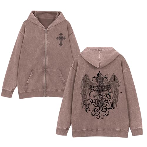 Vintage Goth Punk Zip Up Hoodies for Men Grunge Streetwear Oversized Gothic Cross Graphic Acid Wash Sweatshirt Tops - color: Brown, size: Small