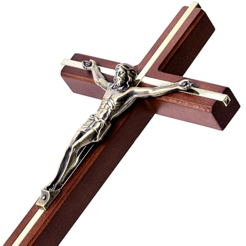 SISSIDA Wooden Crucifix Wall Cross, Handmade Catholic Home Decor, 10 Inch - color: Brown + Antique Brass
