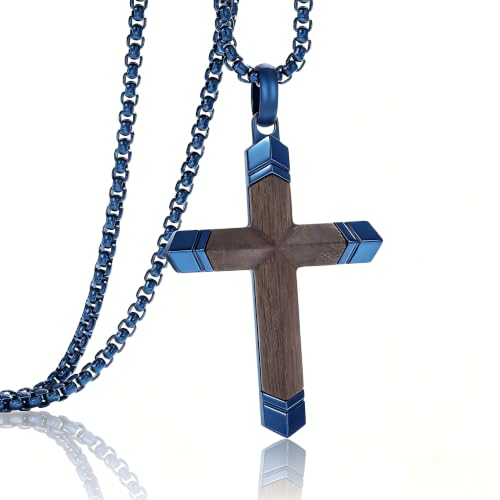 Wooden Cross Necklace for Men with Stainless Steel Adjustable Chain 24-26in, Christian Wood Crucifix Pendant Gift for Him - style: Blue Ebony