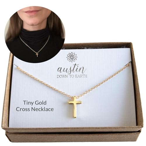 Austin Down to Earth, Tiny Cross Necklace, Simple Gold Cross Necklaces for Women, 14k Gold Filled Chain, Christian Gift for Baptism Confirmation Graduation - style: 16 inch