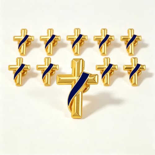 Clergy Gold Cross Lapel Pin with Enamel Ribbon, Christian Religious Brooch Badge, Suit Collar Accessory Faith Gift for Church Staff Believers - color: Blue