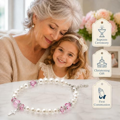 Baptism Bracelets | Cross Charm | Baby Pink Crystal & White Pearl Bracelet - style: 2-6 Years - 5.25" Adjustable