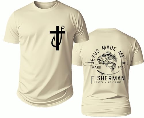Fishers of Men Shirt, Funny Fishing Shirts, Jesus Made Me A Fishermen Tee - color: Creamy Yellow-y, size: X-Large