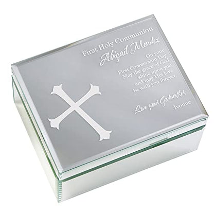 Personalization Universe Personalized First Communion Blessing Engraved Mirrored Jewelry Box - Customizable Velvet-Lined Storage with Communion Verse, 1st Communion or Baptism Gift - Small 7" x 4"
