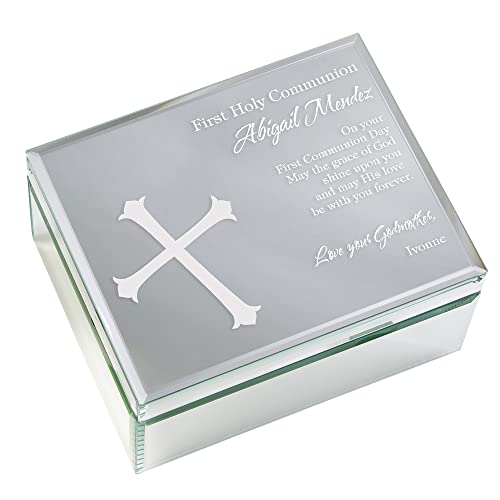 Personalization Universe Personalized First Communion Blessing Engraved Mirrored Jewelry Box - Customizable Velvet-Lined Storage with Communion Verse, 1st Communion or Baptism Gift - Small 7" x 4"