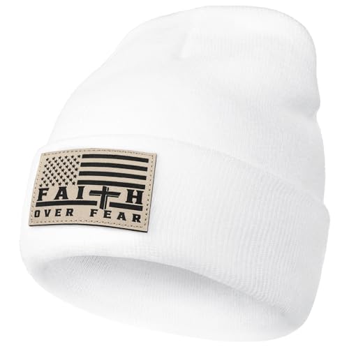 Christian Cross Beanie Hats for Men Women, Faith Winter Cuffed Hats, Religious Gifts for Thanksgiving Christmas New Years - color: White, style: Faith Over Fear