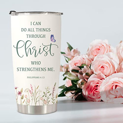 Christian Gifts for Women - I Can Do All Things Through Christ Coffee Travel Mug - Catholic Faith Jesus God Bible Verse Religious Gifts Stainless Steel Tumbler 20oz - color: I Can Do All Things