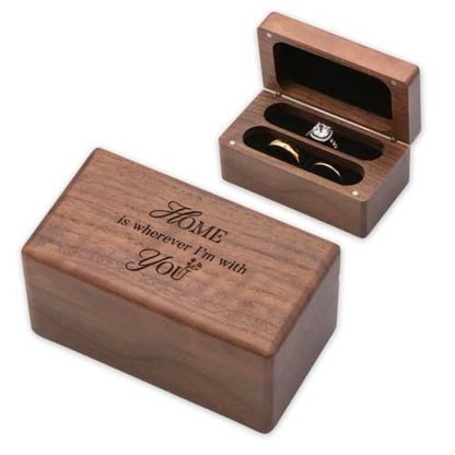 Quad Walnut Ring Box: Engraved "Home Is Wherever I'm With You" Wood Holder - color: Home