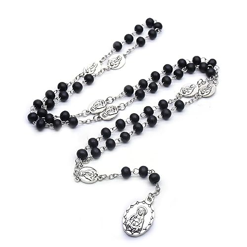 Roe Dolph Wooden Rosary Necklace for Women Catholic Rosary Beads with Cross Pendant Prayer Jewelry Religious Gifts for Travel and Daily Faith - color: A-Black