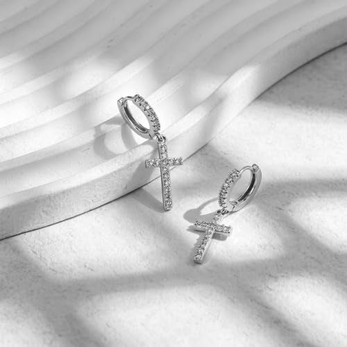 NEWITIN CZ Cross Earrings for Men Women 14K Gold Plated Huggie Hoop Earring - color: Silver B