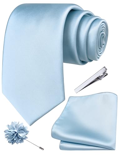 Branduce 3.15"（8cm） Mens Tie and Lapel Pin Solid Necktie Handkerchief Tie Clip Set for Men - color: Baby Blue