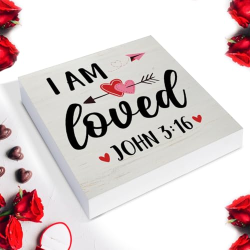 Christian Desk Decor, Rustic I Am Loved Scriptures Wooden Sign - color: Loved