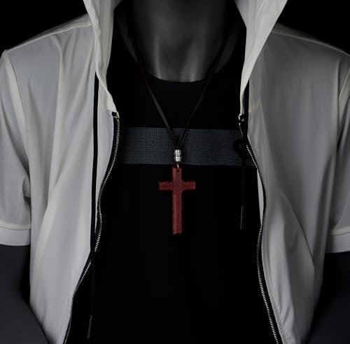COOLSTEELANDBEYOND Leather Cord Necklace with Wooden Cross, Mens Womens, Adjustable Dark Brown Leather Cord