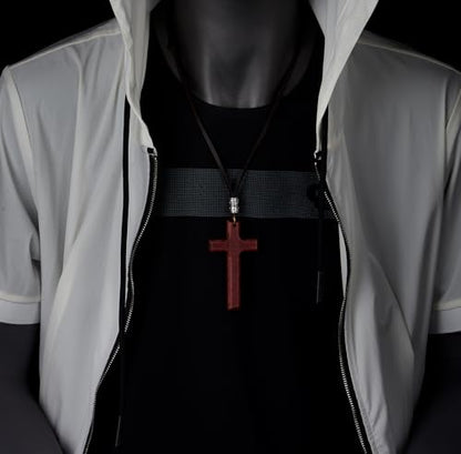 COOLSTEELANDBEYOND Leather Cord Necklace with Wooden Cross, Mens Womens, Adjustable Dark Brown Leather Cord