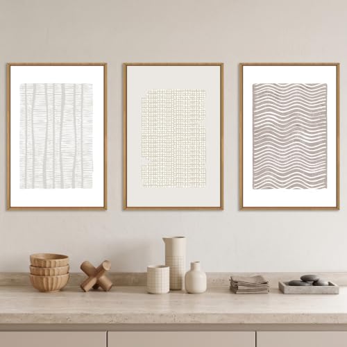 Aryroi Beige White Abstract Neutral Framed Canvas Wall Art Set- 24"x36"x3 - color: Boho Geometry Line Wall Art, size: 24"L x 36"W