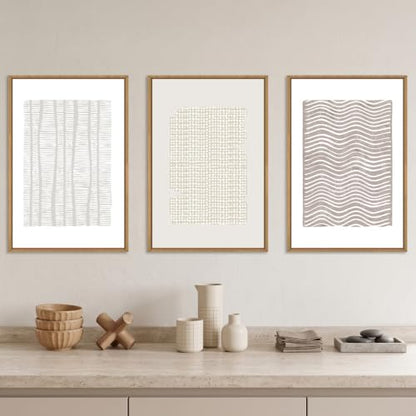Aryroi Beige White Abstract Neutral Framed Canvas Wall Art Set- 24"x36"x3 - color: Boho Geometry Line Wall Art, size: 24"L x 36"W
