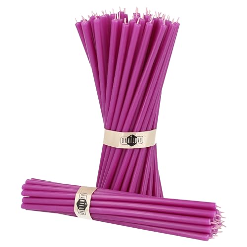 Danilovo Thin Taper Beeswax Candles - Honey-Scented, Decorative Candles Ideal for Birthday Decoration or Church Prayers - Purple Drip Free, Tall & Smokeless Pack of 50 pcs, 7.3 x 0.24 inch - color: Purple