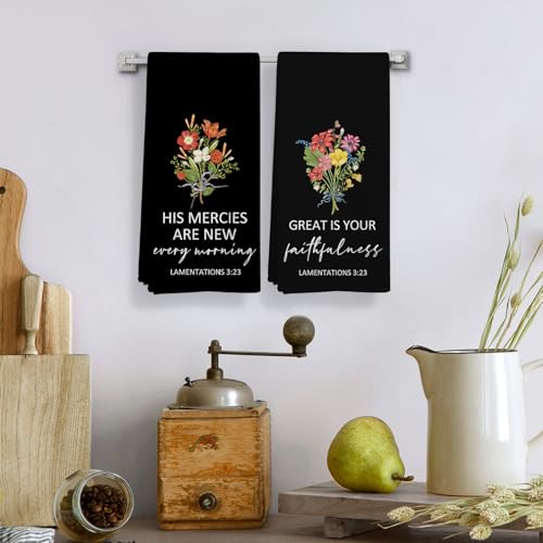 Christian Floral Kitchen Towels Set of 2, Floral Hand Towels for Bathroom, Bible Verse Scripture Wildflowers Black Decorative Dish Tea Towels for Kitchen, Christian Gifts for Women, 16X24In - color: Black-morning