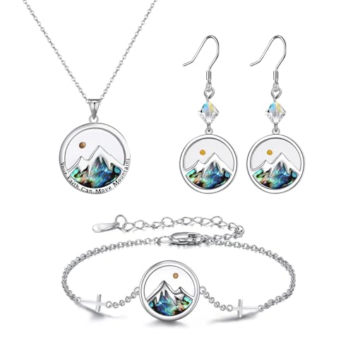 OIDEA Mustard Seed Necklace Jewelry Set: Womens Abalone Mustard Seed Necklace Bracelet Earrings Mountain Cross Bracelet Round Dangle Earrings Religious Christian Faith Jewelry Gifts - color: Mustard Seed