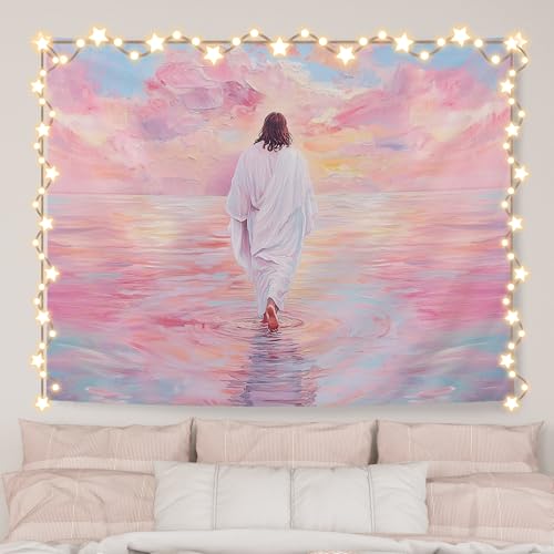 AQYIP Jesus Walking on Water Tapestry, Pastel Christian Jesus Tapestry Decorative, Christian Room Decor, Pink Religious Wall Tapestries Blanket Decor for Home Office Church, 50x60 Inch - color: walking jesus