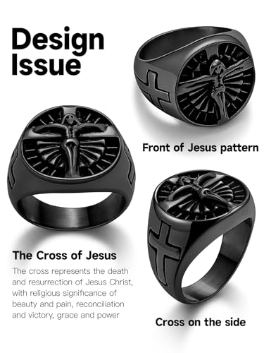 Christian Cross Rings for Men - Stainless Steel Jesus Jewelry with Celtic Knot Sides (Gold/Black/Silver) - Catholic Religious Gift, Size 7-13 - color: K: Black-Cross