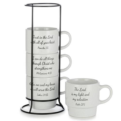 Signature Housewares Stackable Coffee Mug Tower Set with Metal Wire Rack - 15 Ounce Coffee Mugs for Coffee, Tea, Cocoa, Milk, Cappuccino, Hot Chocolate Set of 4 - Inspirational Bible Verses - color: Inspirational Bible Verses, size: 15oz