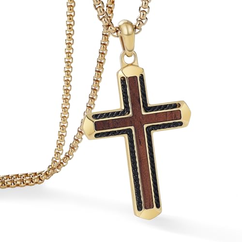 Wooden Cross Necklace for Men With Stainless steel And Black Ebony Adjustable Box Chain 24–26 inches Suitable for Everyday Wear And Christian Gifts for Men - color: Gold-C
