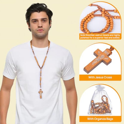 24 Pcs Wooden Rosary Beads Necklace, Catholic Rosary with Jesus Cross - color: Light Brown-24pcs