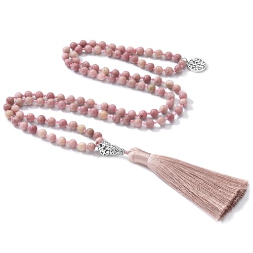 INBLUE 108 Mala Prayer Beads Wrap Necklace with Long Tassel Boho Necklace for Women Amazonite Bead Bracelet with Spiritual Tree of Life Pendant 108 Beads Necklace for Meditation - color: Natural Rhodonite