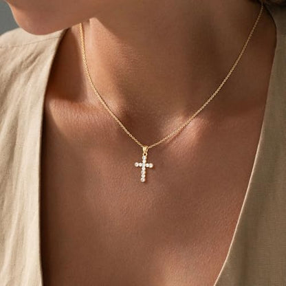 Cross Necklace For Women,14K Gold Plated Small Dainty Colorful Beaded Cubic Zirconia Diamond Double Layered Cross Pendant Choker Necklaces For Women,Christian Easter Religious Jewelry Gifts - style: Round CZ Cross-Gold