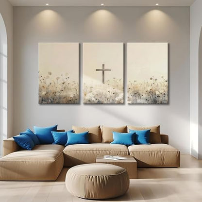 QKYKISS 3Pcs Jesus Wall Art Nature Wildflowers Cross Canvas Poster Religious Pastoral Scenery Picture Rustic Meadow Mural Country Flowers Art Print Living Room Bedroom Office wooden frame16x24in - color: Religious Cross, size: 16x24 Inches