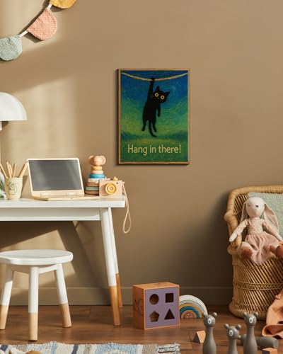 WHASAYART Funny Black Cat Hanging with Uplifting, Hang in There Quote Framed Wall Art, 12x16 Positive Inspirational Cute Animal Canvas Print, Motivational Pet Painting Room Bedroom Office Wall Decor - color: Hanging