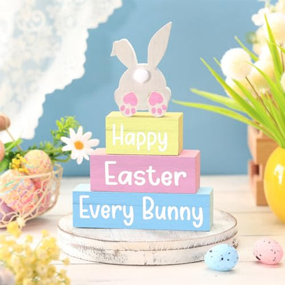 4 Pcs Easter Table Decoration Happy Easter Every Bunny Wooden Block Sign Pastel Bunny Centerpiece Spring Wood Blocks Tiered Tray Decor for Home Kitchen Tabletop Display - style: Bunny