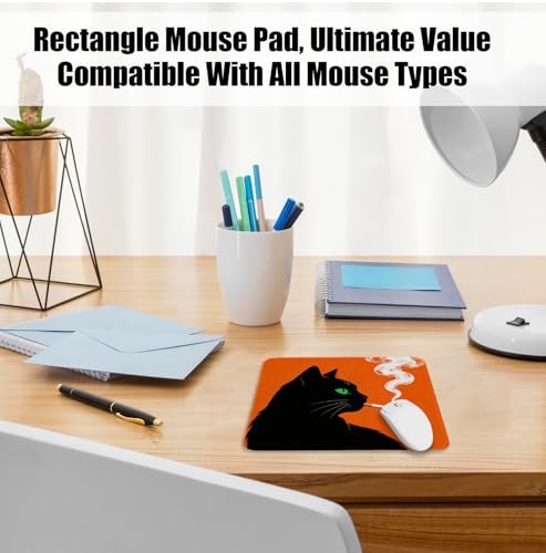 Funny Black Cat Mouse Pad for Desk, Black Cat Lover Gifts, Mid Century Modern Kitty Mousepads with Anti-Slip Rubber Base for Computer Laptop Home Office Desk Accessories, 9.5x7.9 Inch - color: Square mouse pad-Smoking Cat