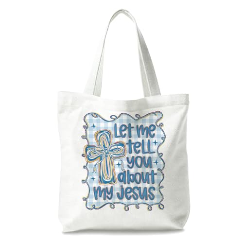 Bible Tote Bags Cute Christian Preppy Canvas Tote Bag Christian Gifts for Women Reusable Shopping Bags(Parent) - color: Let Me Tell You About My Jesus-2-blue