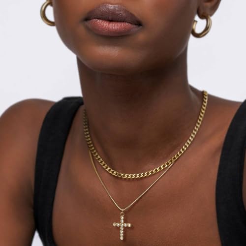 Sterling Silver Cross Necklace for Women Girls Dainty Gold Necklace Stack Non Tarnish Layered Necklaces CZ Cross Pendant Choker Figaro Box Chain Link Layering Stackable Necklaces Trendy Jewelry Gift - color: Gold