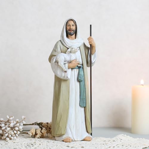 Good Shepherd Statue Jesus Holding Lamb 9.5inch Religious Modern Home Decor Figurine Indoor Tabletop Religious Gift - size: 9.5inch