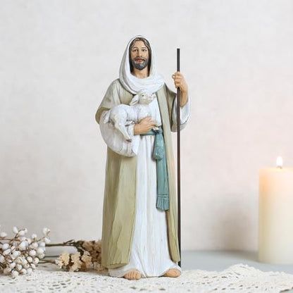Good Shepherd Statue Jesus Holding Lamb 9.5inch Religious Modern Home Decor Figurine Indoor Tabletop Religious Gift - size: 9.5inch