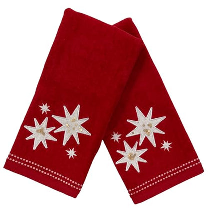 Serafina Home Christmas Bath Hand Towels, Stars with Sequins, Cotton, Red, 16" x 25", Set of 2 - color: Organza Stars