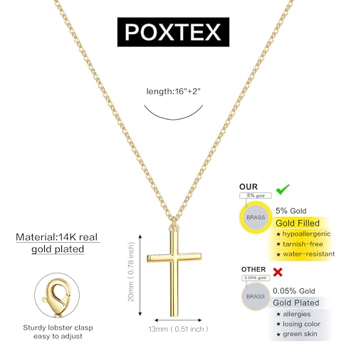 Poxtex Cross Necklace for Women Teen Girls, Dainty 14K Gold Silver Plated Cross Choker Jewelry Non Tarnish Waterproof Cute Simple Small Necklace Christian Baptism Religious Faith Jewelry Gifts - color: 04 Simple Cross Gold