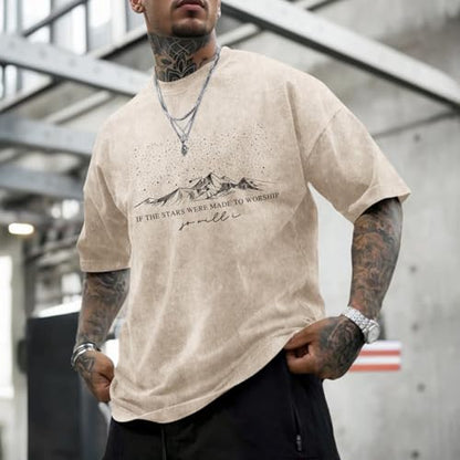 Christian Faith God Shirts for Men Jesus Bible Verse Shirt Oversized Acid Wash Tshirts Star Mountain Graphic Tees - color: Apricot, size: Medium
