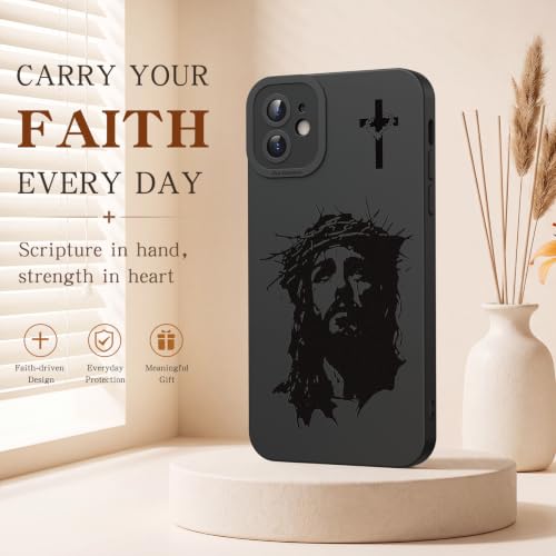 for iPhone 12 Christian Phone Case, Crown Thorns Design - color: Black-Jesus Face, size: iPhone 12
