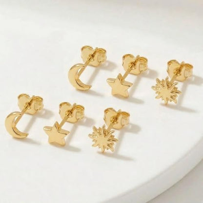 ToHeart 3 Pairs 14K Gold Plated Tiny Stud Earrings Set Gift for Women Men - color: Moon Star Sun - Gold